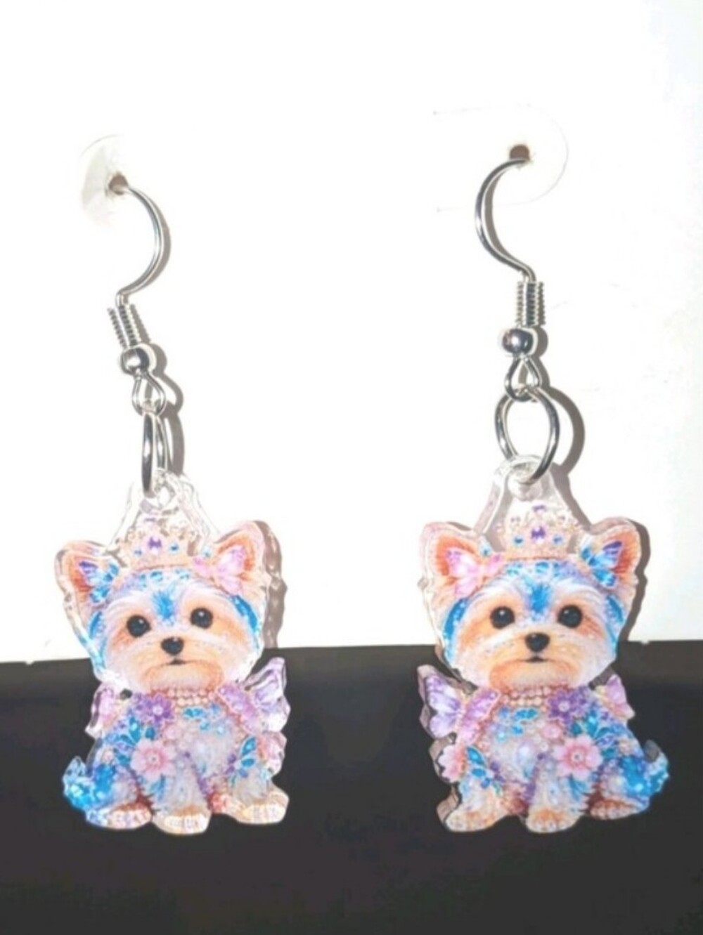 Cute Yorkie Dog Acrylic Dangle Earrings in Pastel Blue & Pink